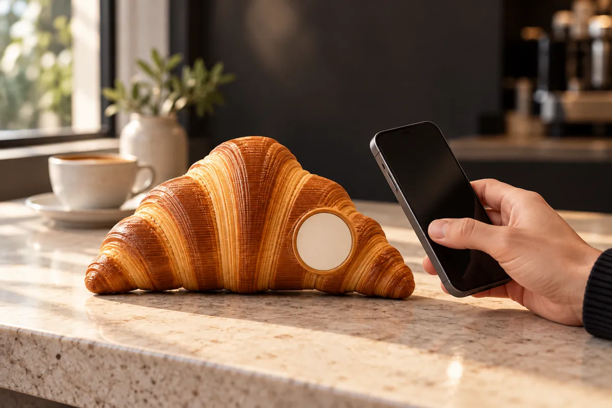 Mockup IA: un móvil se acerca a una pieza LOTU 3D con forma de croissant en una cafetería